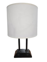 SHL black table lamp with built in power outlets and tapered fabric shade