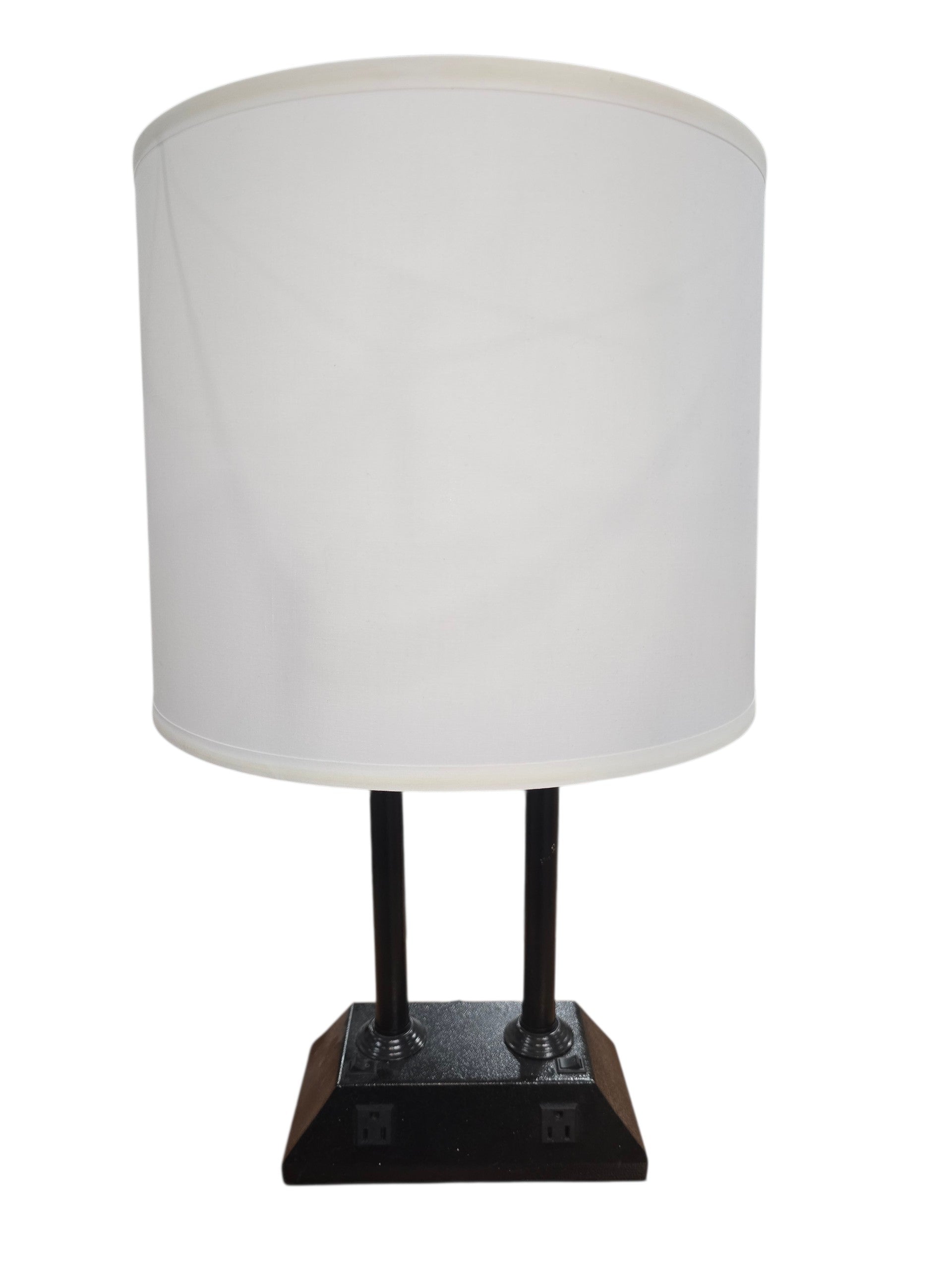 SHL black table lamp with built in power outlets and tapered fabric shade