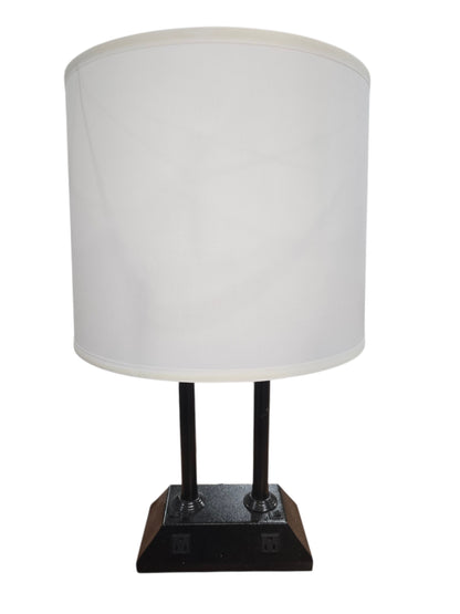 SHL black table lamp with built in power outlets and tapered fabric shade