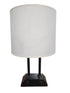 SHL black table lamp with built in power outlets and tapered fabric shade