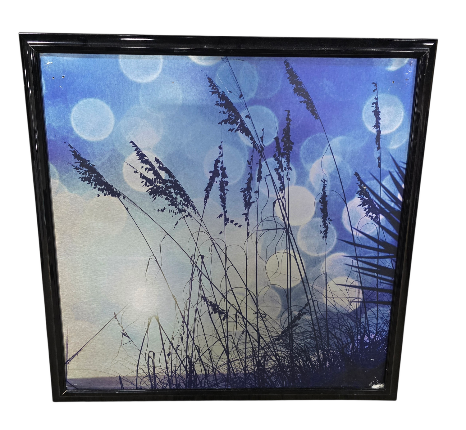 SHL blue coastal metal wall art featuring sea grass silhouette design with black frame measuring 39 1/4 x 39 1/4 used in good condition