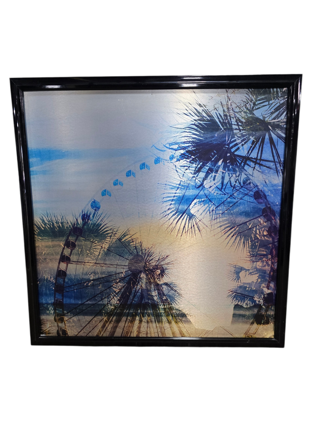 SHL coastal ferris wheel metal wall art featuring layered ferris wheel and palm tree imagery with black frame measuring 39 1/4 x 39 1/4 used in good condition