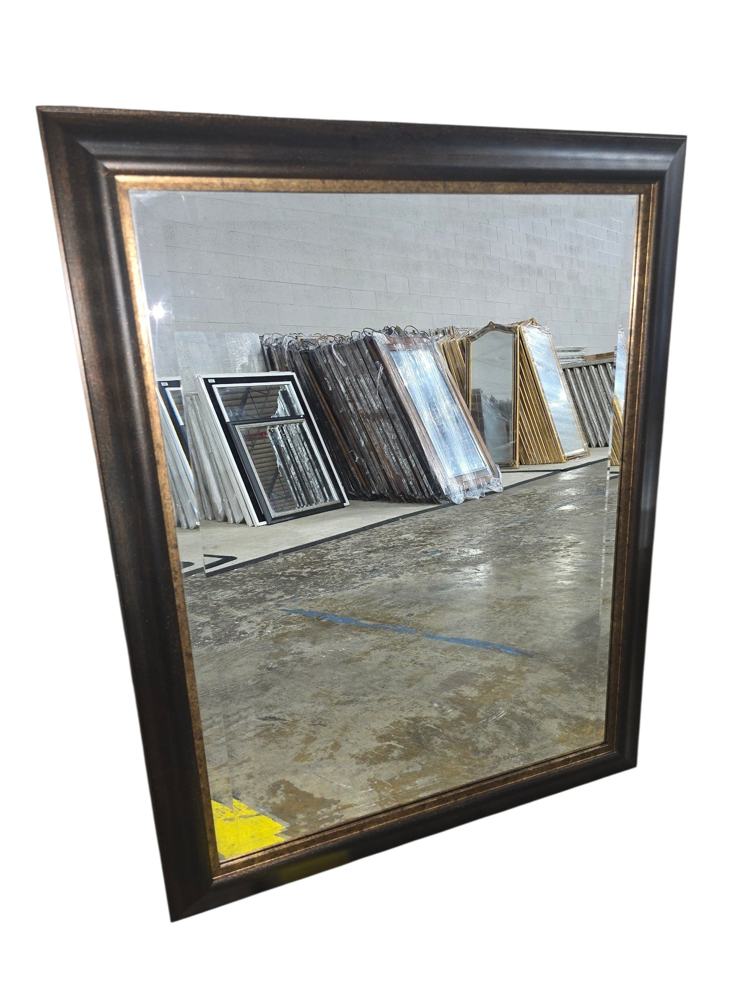 SHL dark wood framed wall mirror 31.5 x 39.5 with bronze accent trim front view used in good condition