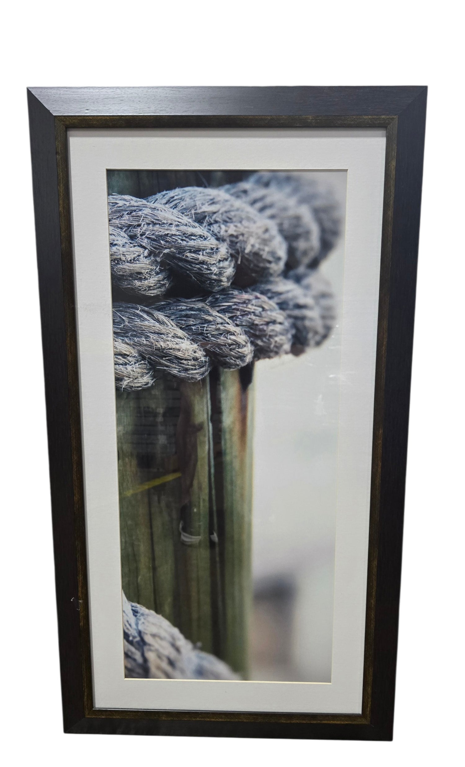 SHL framed nautical rope pier wall art featuring close up coastal dock ropes wrapped around wooden pilings measuring 19.5 x 29.5 used in good condition