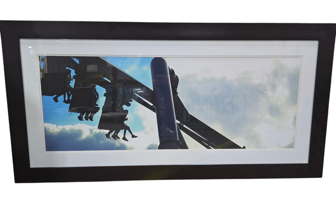 SHL framed panoramic roller coaster photography wall art with dark frame and white mat border measuring 59.5 x 29.5 used in good condition