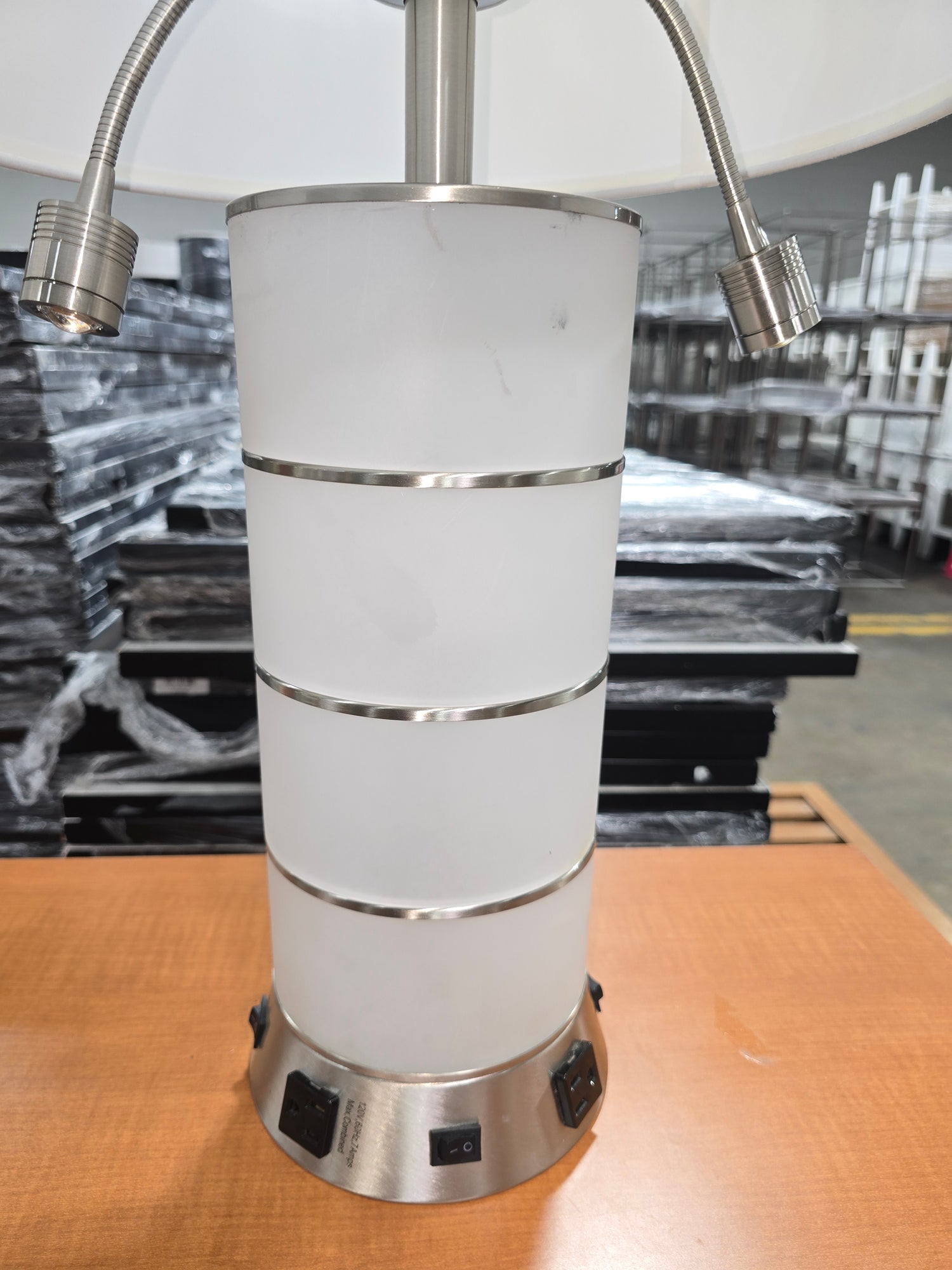 SHL modern brushed nickel table lamp with white drum shade and adjustable reading lights angled side view used in good condition
