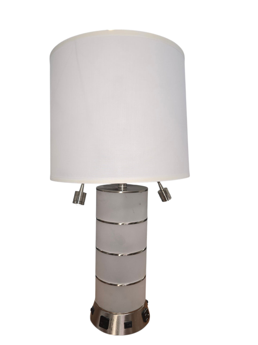 SHL modern brushed nickel table lamp with white drum shade dual reading lights and built in outlets front view used in good condition