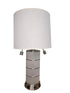 SHL modern brushed nickel table lamp with white drum shade dual reading lights and built in outlets front view used in good condition