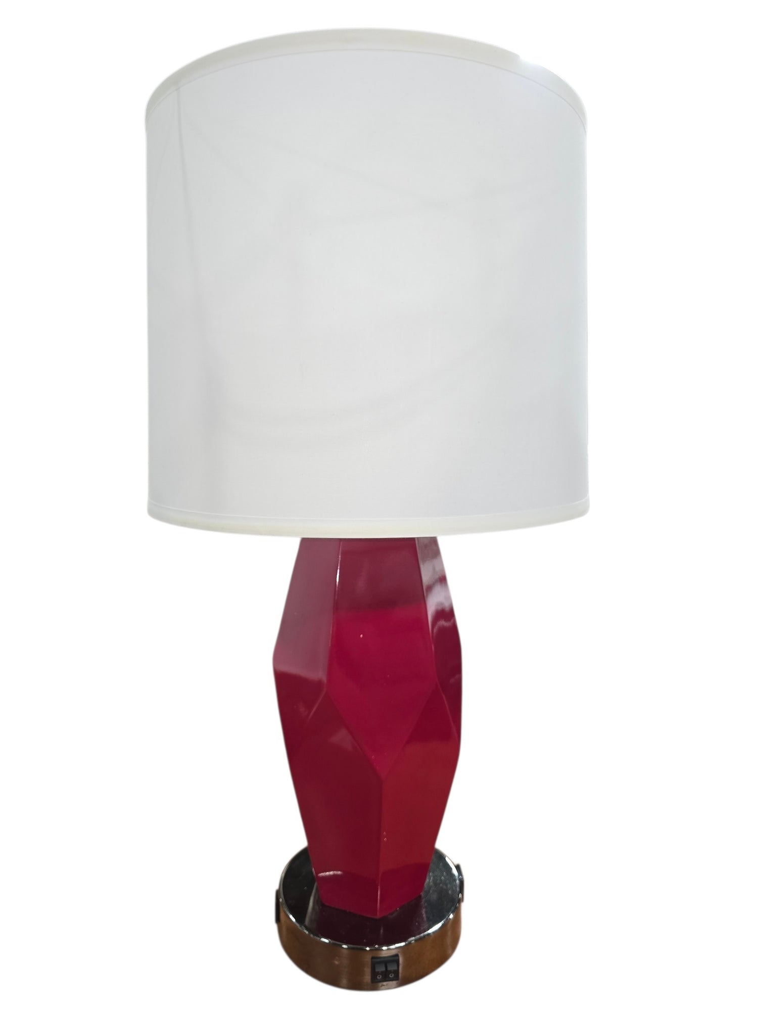 SHL modern red geometric table lamp with faceted base and white drum shade used in good condition