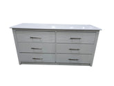 SHL white six drawer dresser measuring 60 x 19.5 x 30 inches with brushed nickel hardware front view