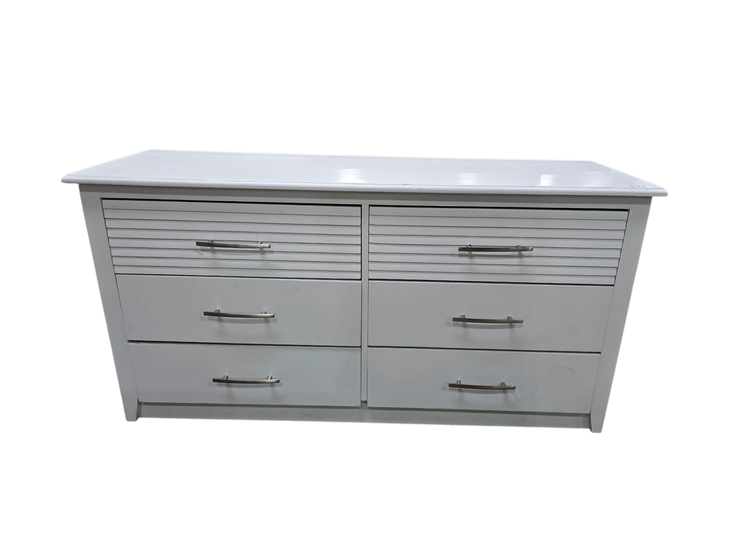 SHL white six drawer dresser measuring 60 x 19.5 x 30 inches with brushed nickel hardware front view