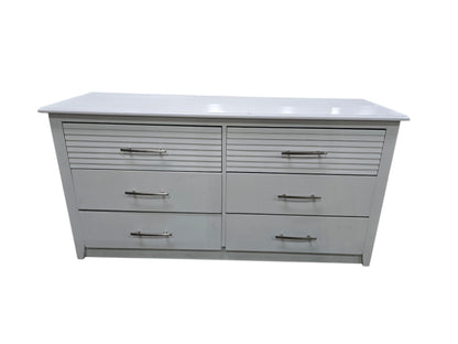 SHL white six drawer dresser measuring 60 x 19.5 x 30 inches with brushed nickel hardware front view