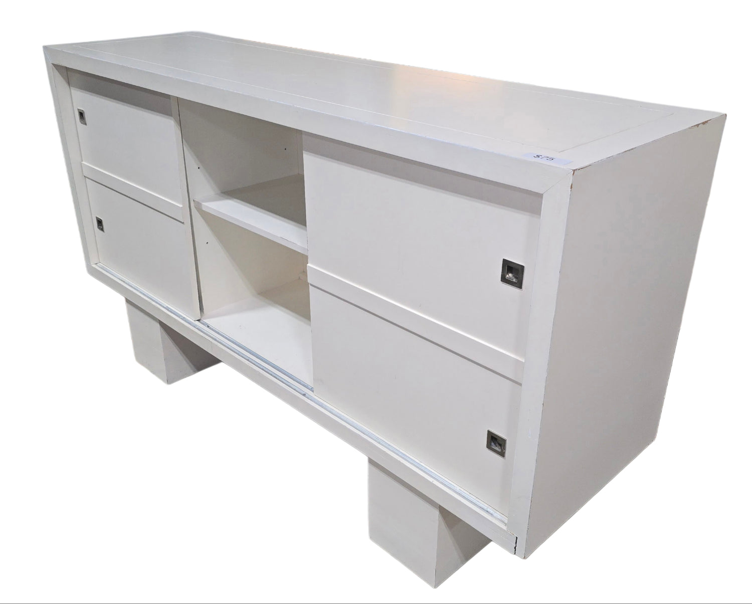 Side view of used white TV cabinet with sliding doors, available in Cartersville ga. 