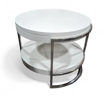 White Round Side Table With Chrome Accent