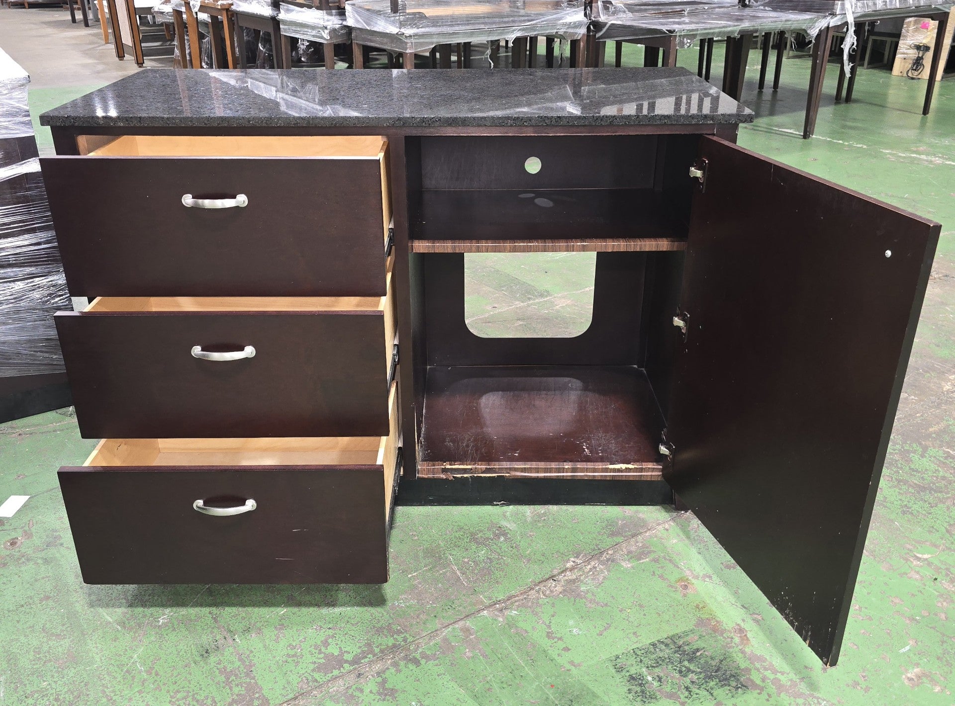 3 Drawer Credenza Cabinet with Granite Top – Mini Fridge Cabinet