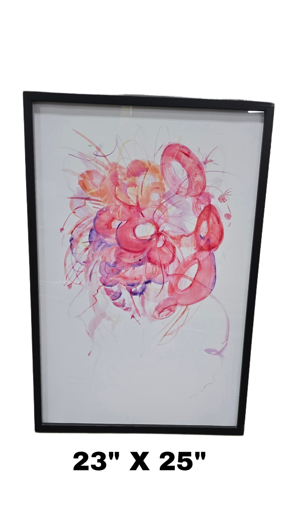 Abstract wall art with black frame in pink, purple, and orange tones, 23 by 25 inches. Stylish framed artwork for homes, rentals, or hotel spaces.