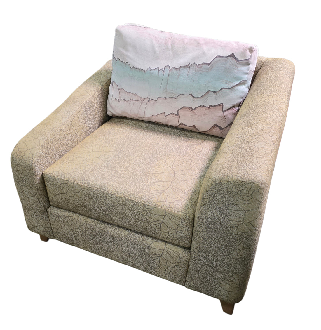 Front view of beige  accent chair with modern upholstered design.
