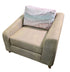 Front view of beige corner accent chair with modern upholstered design.