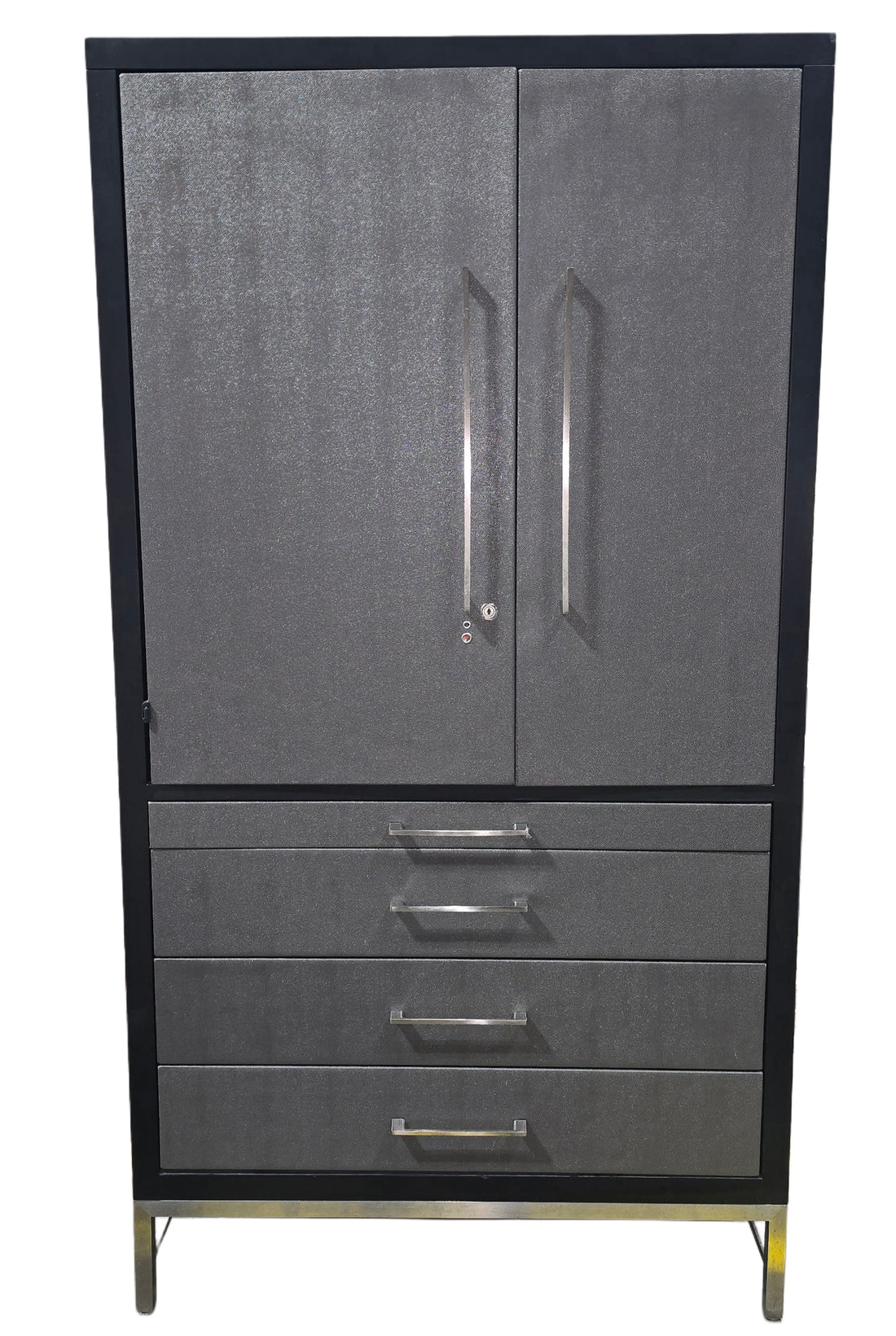 Black and grey storage cabinet, 43 x 22 x 80.5, pre-owned hotel furniture from SHL Cartersville GA serving Northwest Georgia.