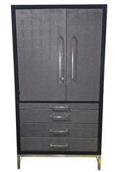 Black and grey storage cabinet, 43 x 22 x 80.5, pre-owned hotel furniture from SHL Cartersville GA serving Northwest Georgia.