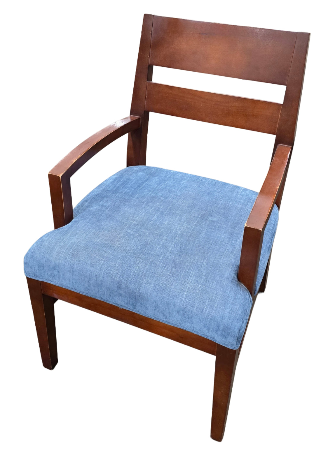 Blue upholstered cushion dining chair with wood frame and arms – pre-owned hotel furniture liquidation Cartersville GA