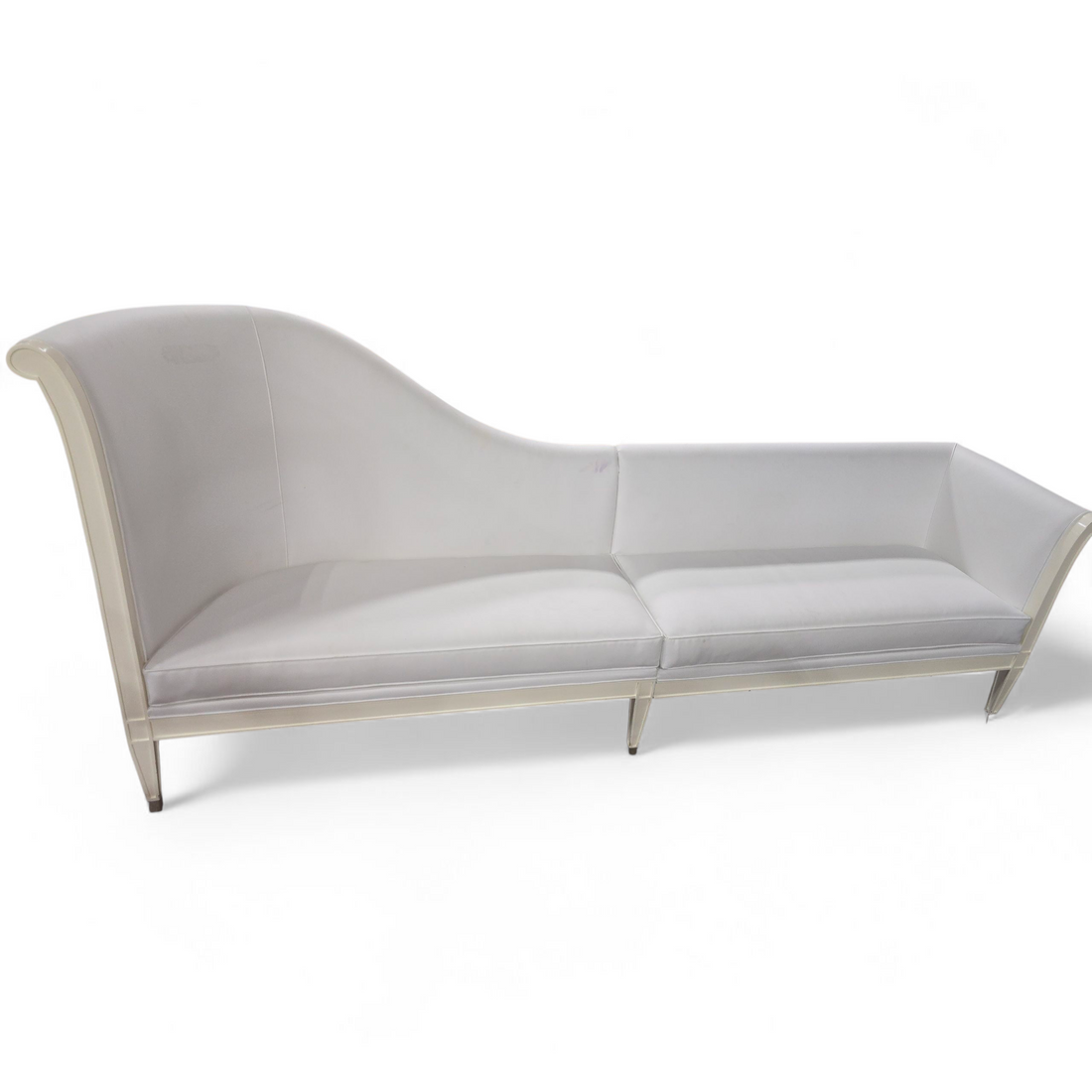 “Modern white leather sofa 115 x 26 from hotel liquidation – good condition”
