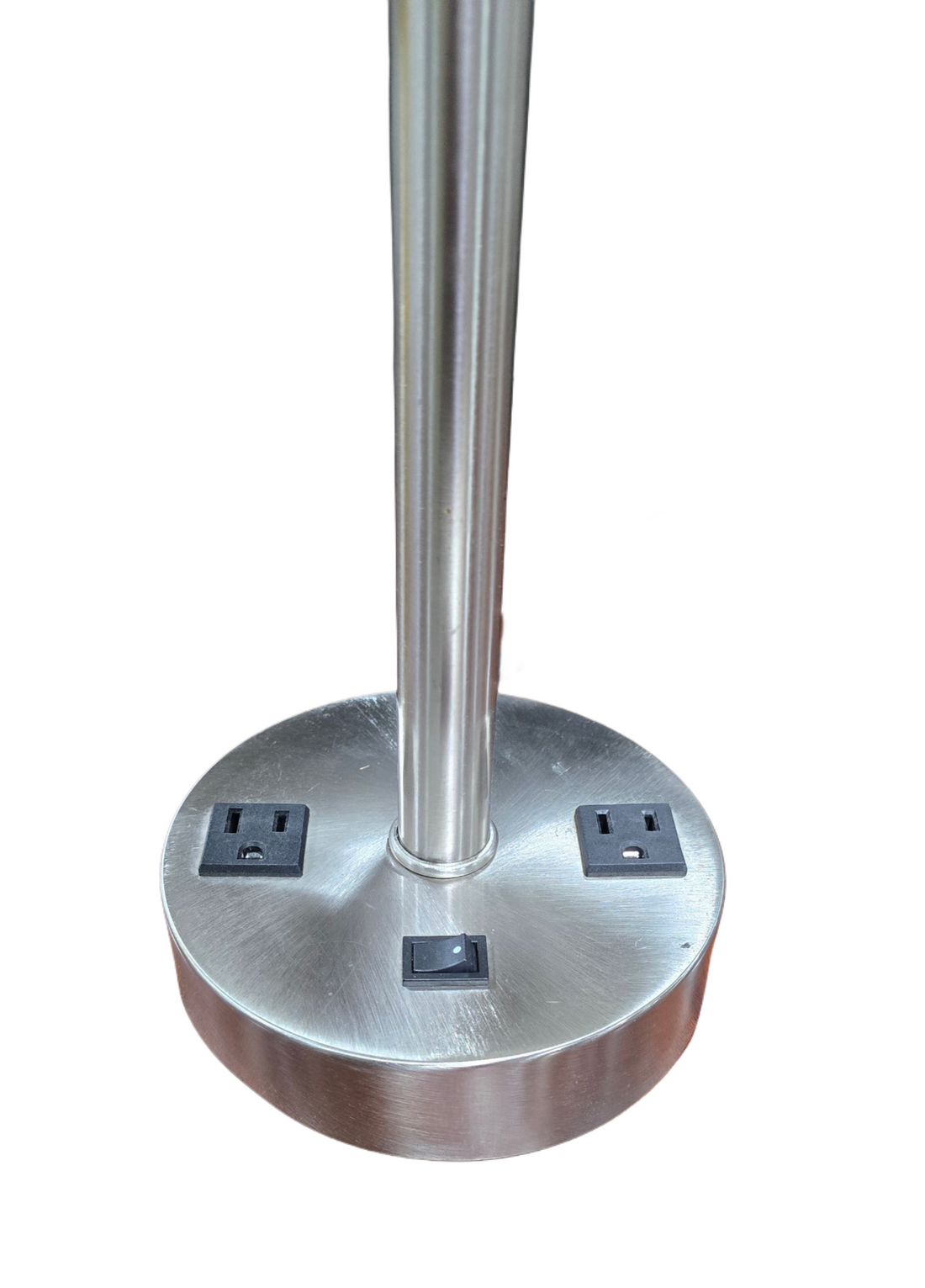 Hotel-style metal candlestick lamp with two built-in outlets, SHL Cartersville GA.
