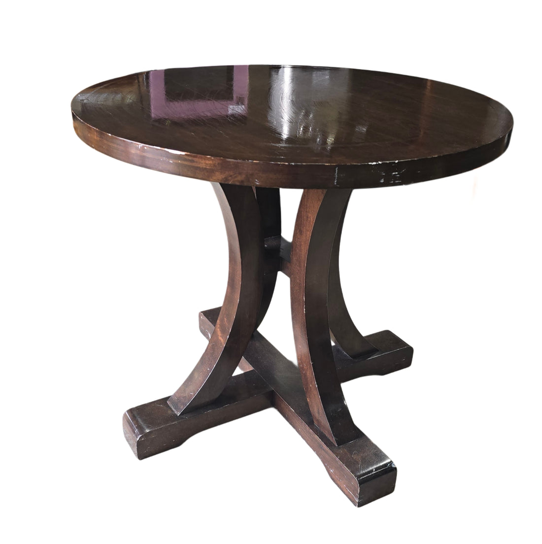Classic 34 inch round wooden pedestal table, 30 inches tall, available from hotel liquidation SHL Cartersville GA