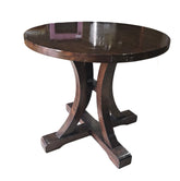 Classic 34 inch round wooden pedestal table, 30 inches tall, available from hotel liquidation SHL Cartersville GA