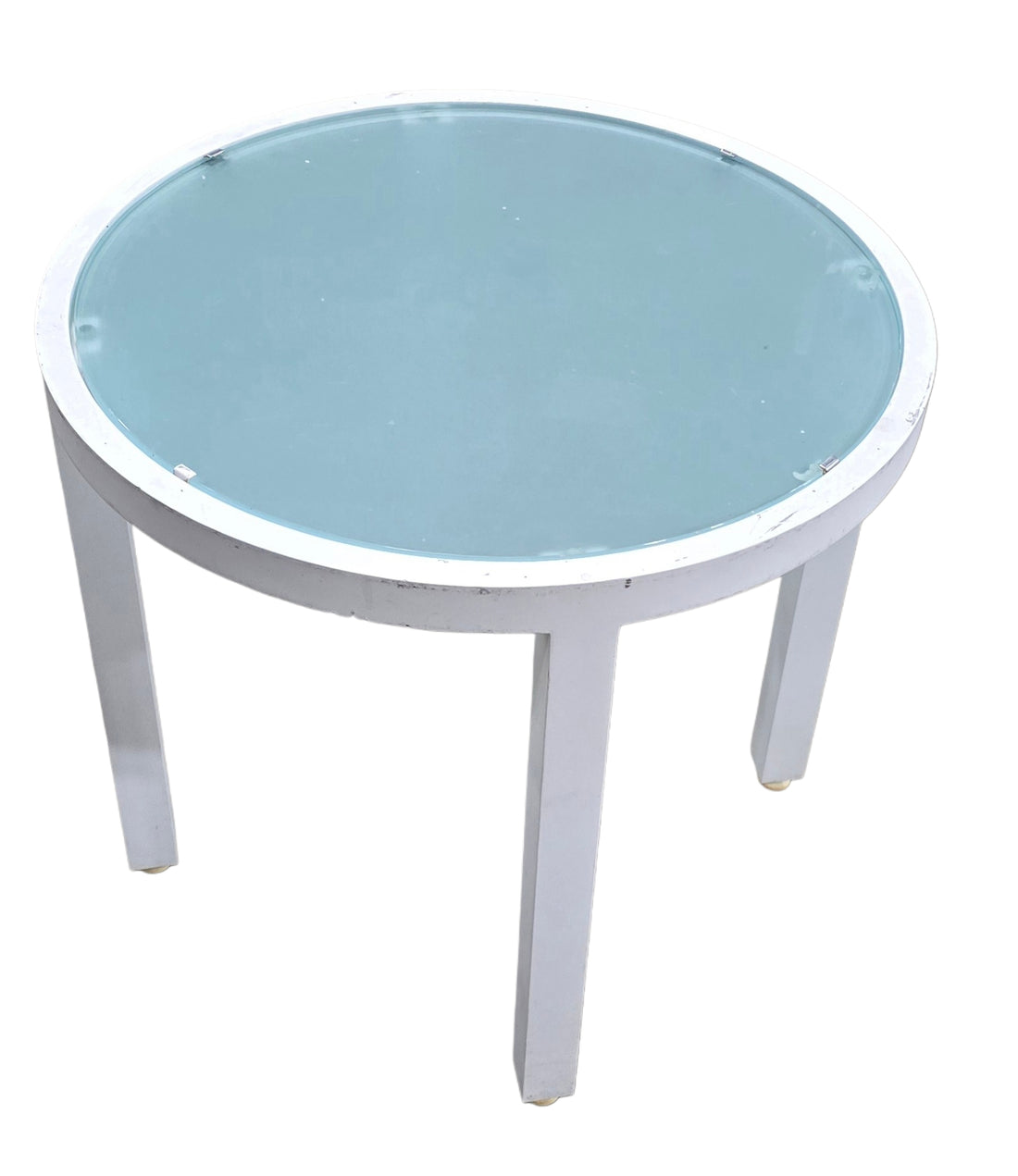 Compact outdoor table 20.25 inch round, 18.5 high, with white glass top, available from SHL Cartersville GA