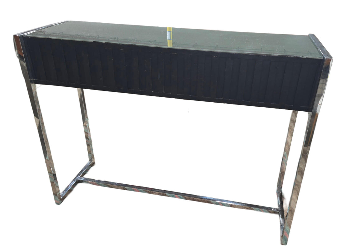 Contemporary console table with glass top and metal silver frame, 48W x 16D x 35.5H, available at SHL Cartersville GA