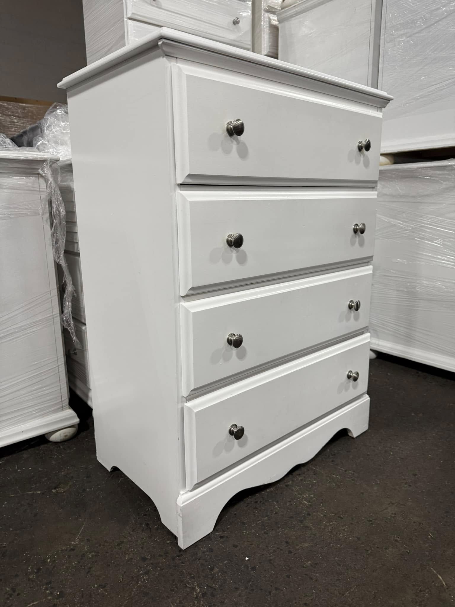 “Used white four drawer chest, coastal farmhouse style, sourced from upscale resort, $195 each, quantity 4 available”
