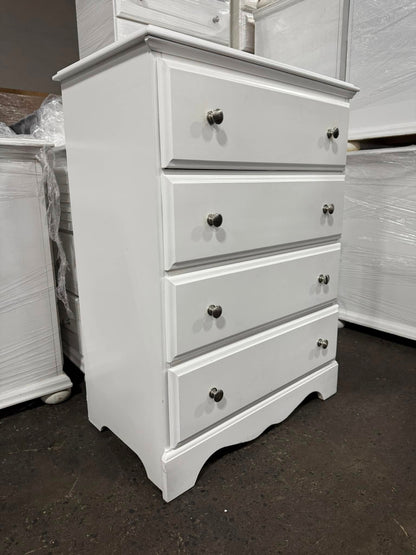 “Used white four drawer chest, coastal farmhouse style, sourced from upscale resort, $195 each, quantity 4 available”