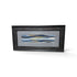 Framed abstract coastal artwork with blue gray white and gold wave-like design
