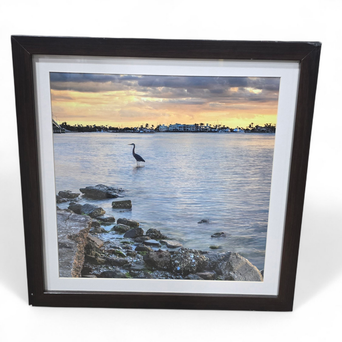 20 x 20 framed heron art print with sunset, used and in good condition