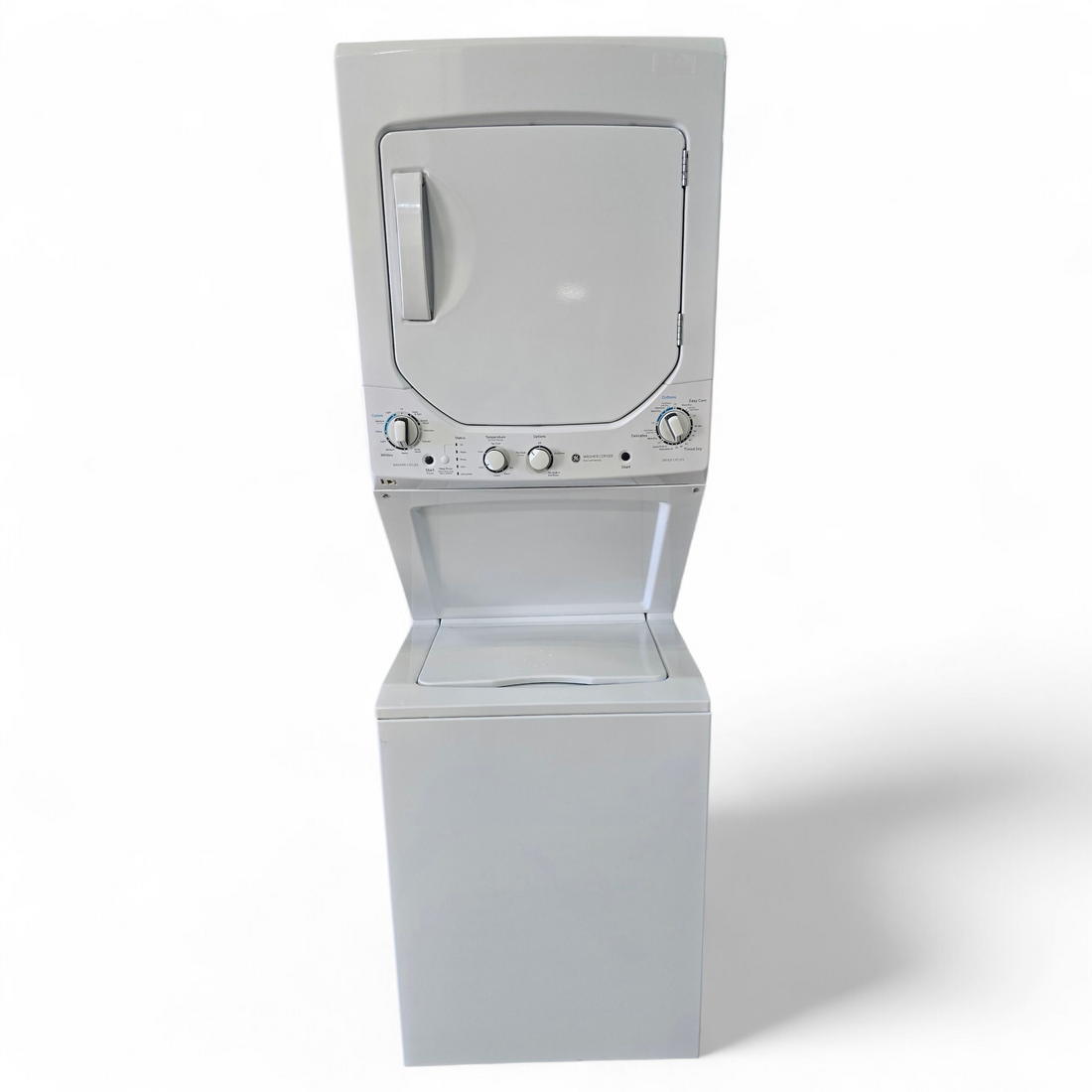 2018 GE Spacemaker stacked washer and dryer unit, 24 inch width, with auto load sensing feature