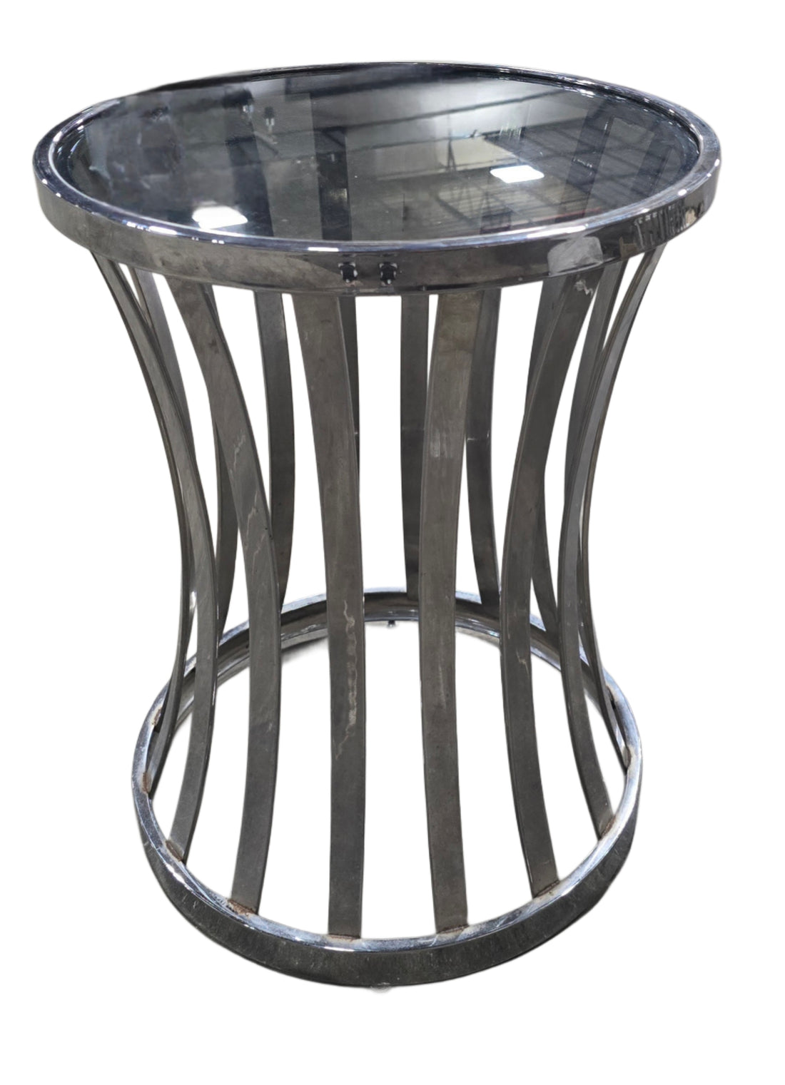 Glass top chrome end table, 17 inches round, 22 inches tall, hotel liquidation SHL Cartersville GA near Atlanta
