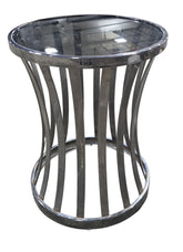Glass top chrome end table, 17 inches round, 22 inches tall, hotel liquidation SHL Cartersville GA near Atlanta