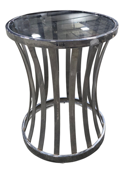 Glass top chrome end table, 17 inches round, 22 inches tall, hotel liquidation SHL Cartersville GA near Atlanta