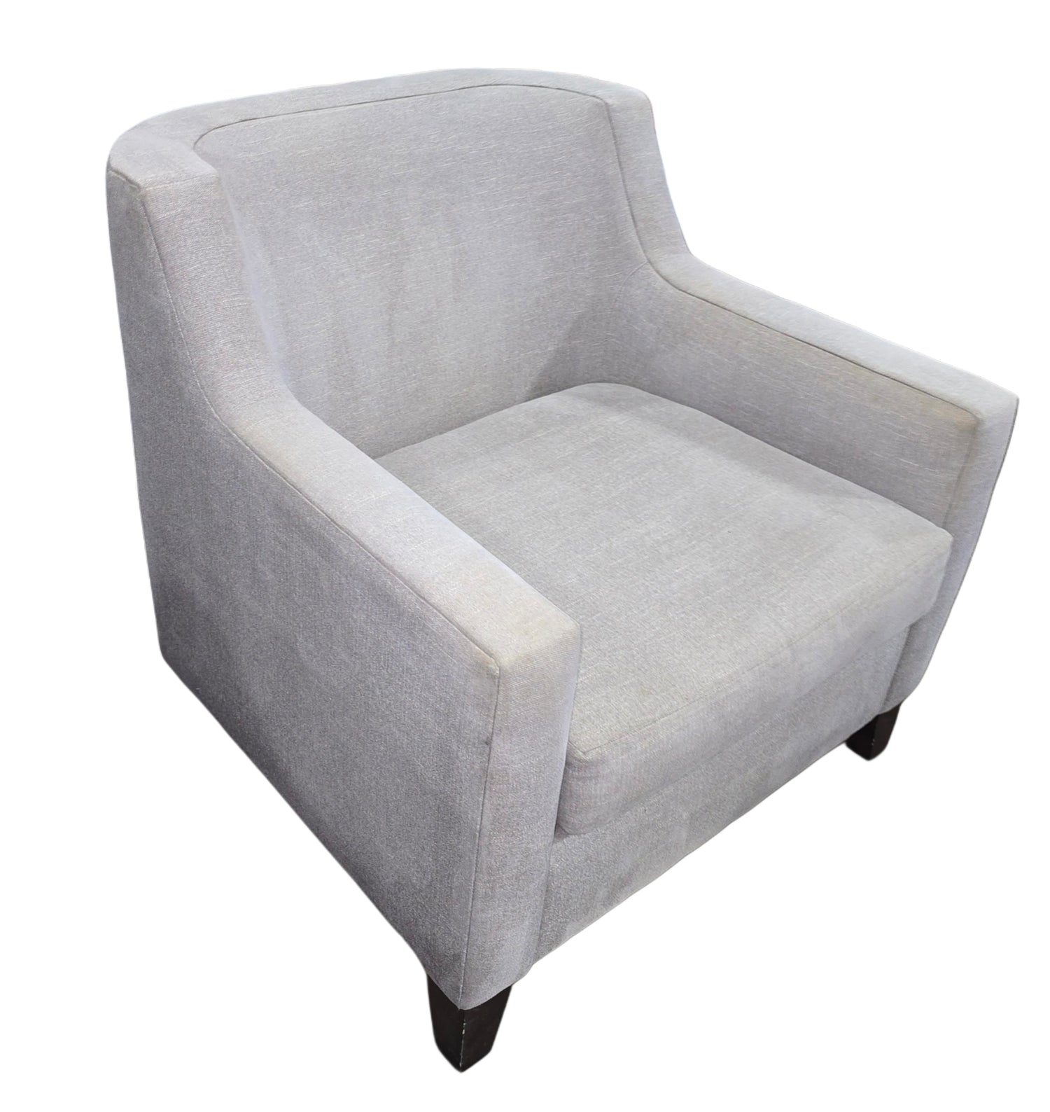 Modern upholstered gray accent chair with arms, perfect for living rooms, rentals, or hotel interiors