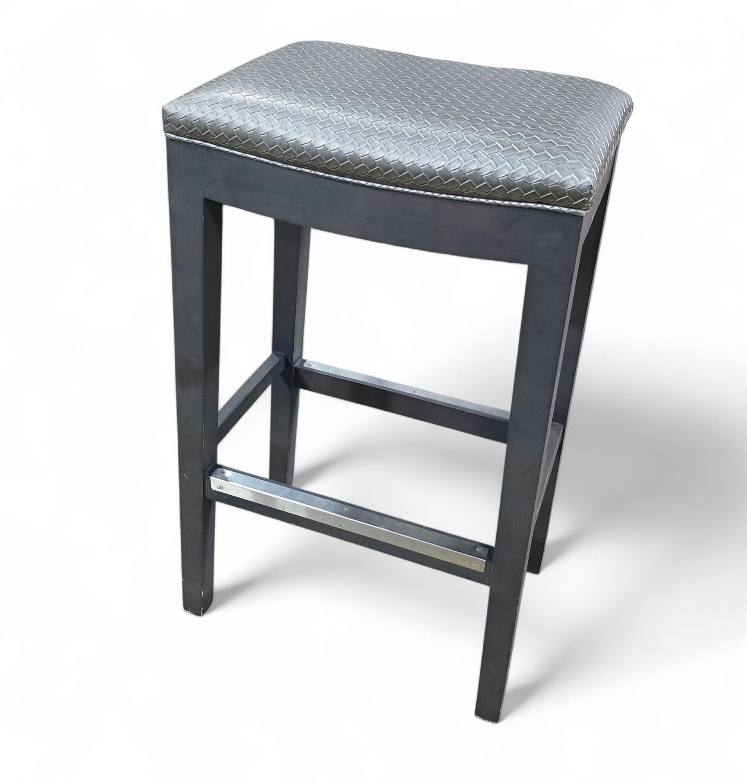 Gray upholstered barstool from SHL hotel liquidation