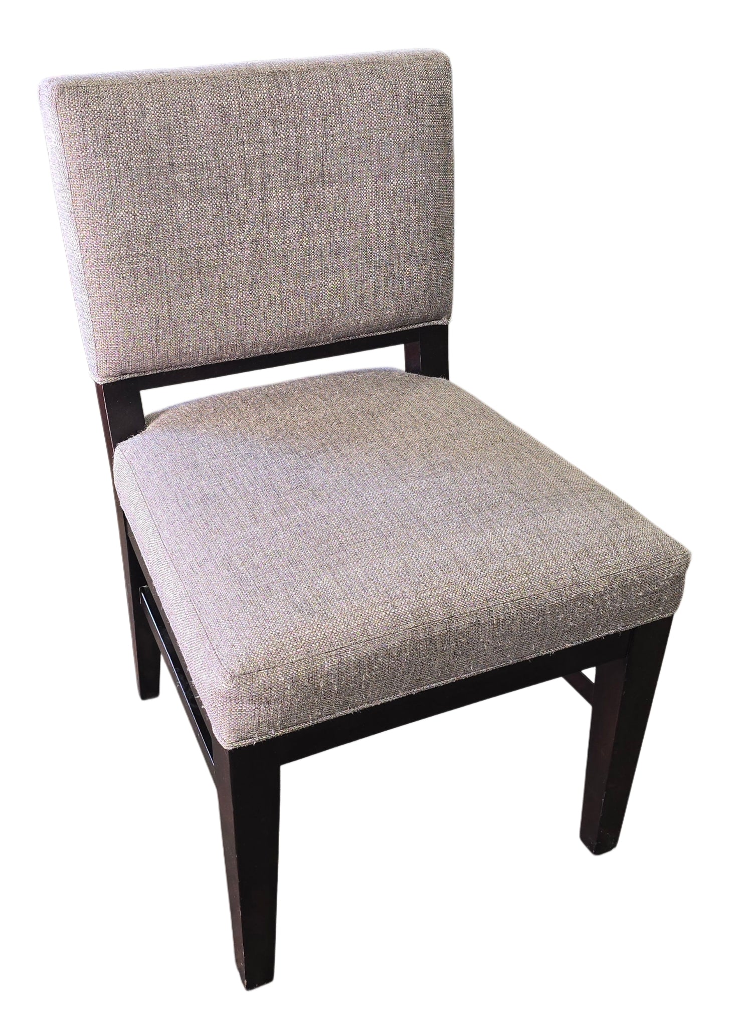 Gray upholstered dining chair front view, used and in good condition, available at Southern Hospitality Liquidation