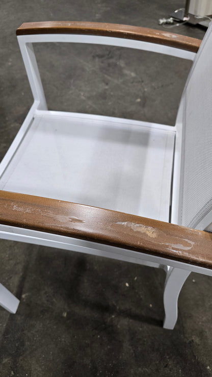 Hotel patio chair by Janus, white finish, 22.25W x 18.75D with 17.5 seat height, available from SHL Cartersville GA