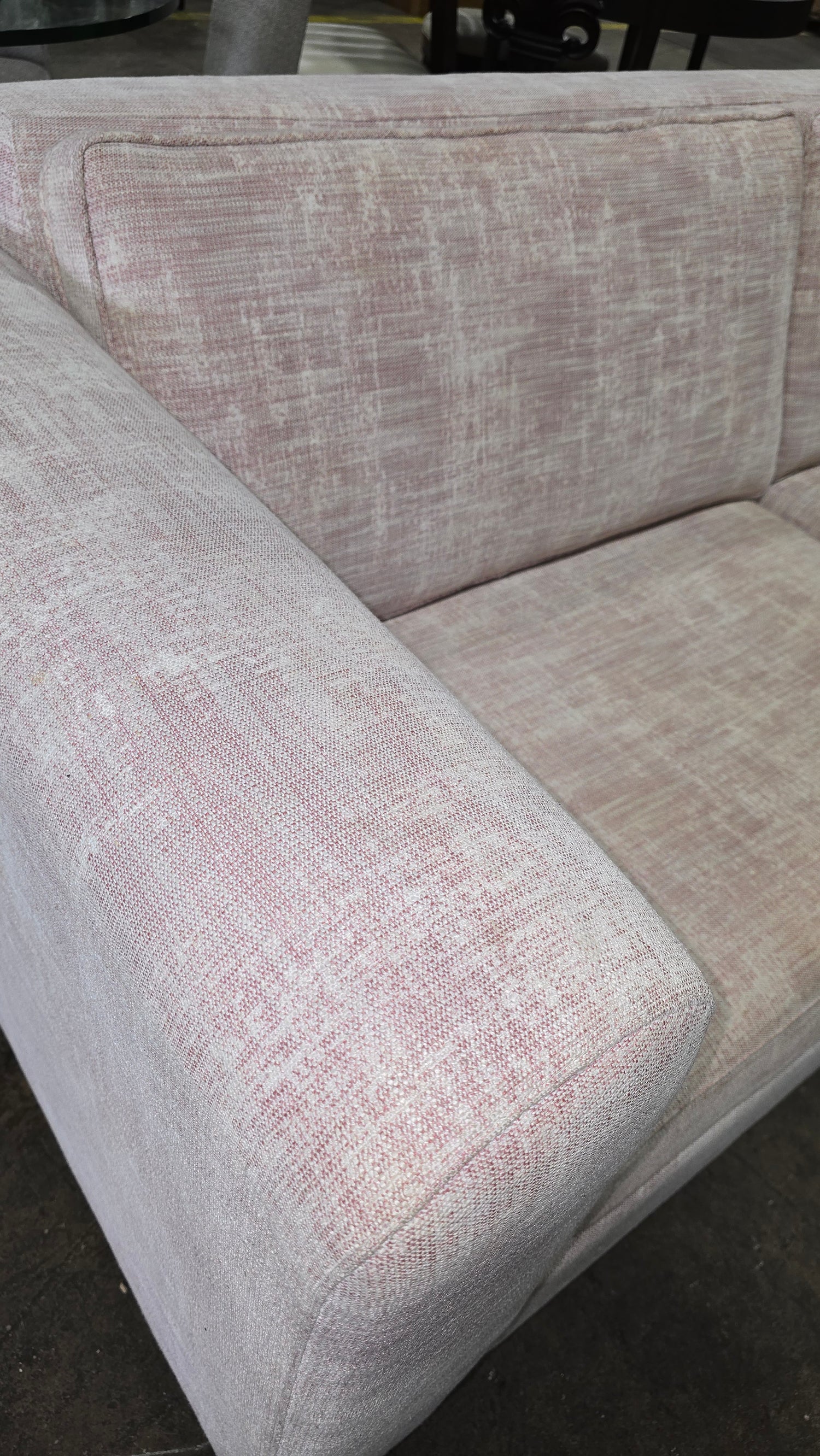 Hotel queen sleeper sofa in blush pink fabric, 80 inches wide by 36 deep, SHL Cartersville GA