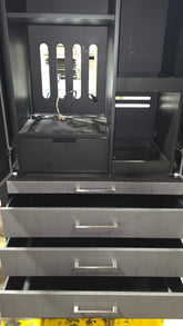 Hotel storage cabinet, black and grey finish, 43W x 22D x 80.5H, SHL Cartersville GA serving Northwest Georgia.