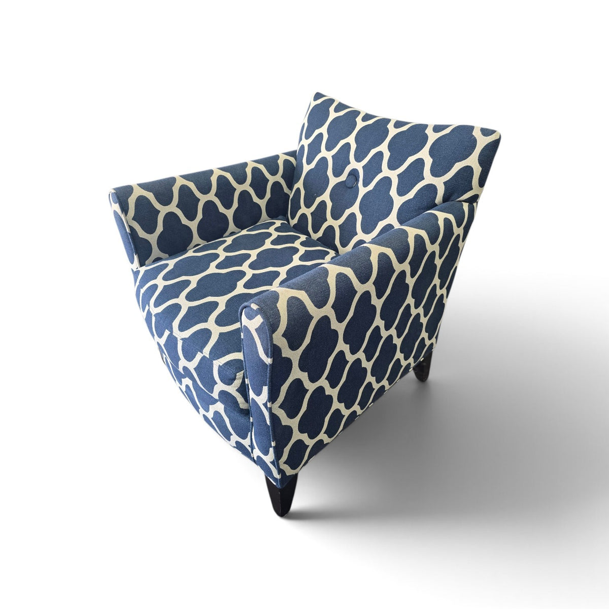Side view of Kellex blue and cream geometric upholstered accent chair