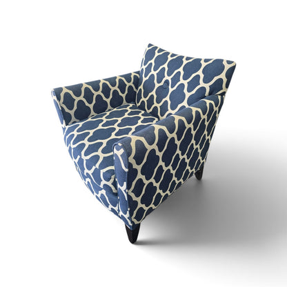 Side view of Kellex blue and cream geometric upholstered accent chair