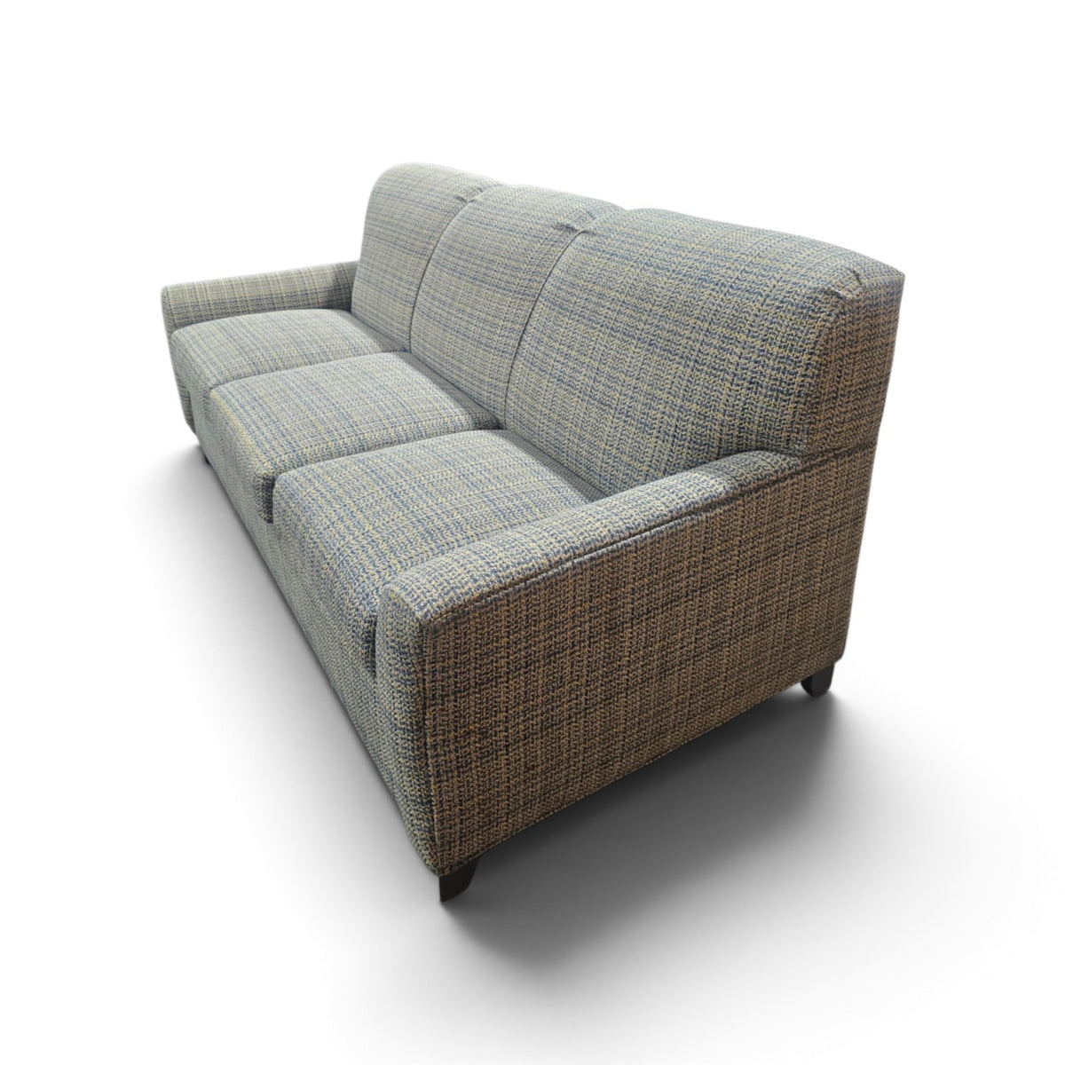 Back and side view of Kellex queen sofa sleeper with blue beige woven upholstery