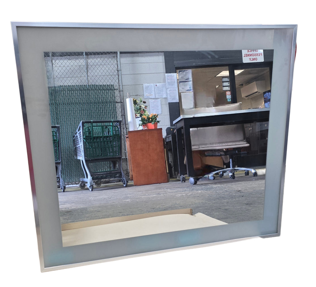 Modern frosted glass frame mirror, 42W x 36H, pre-owned hotel liquidation décor from SHL Cartersville GA.