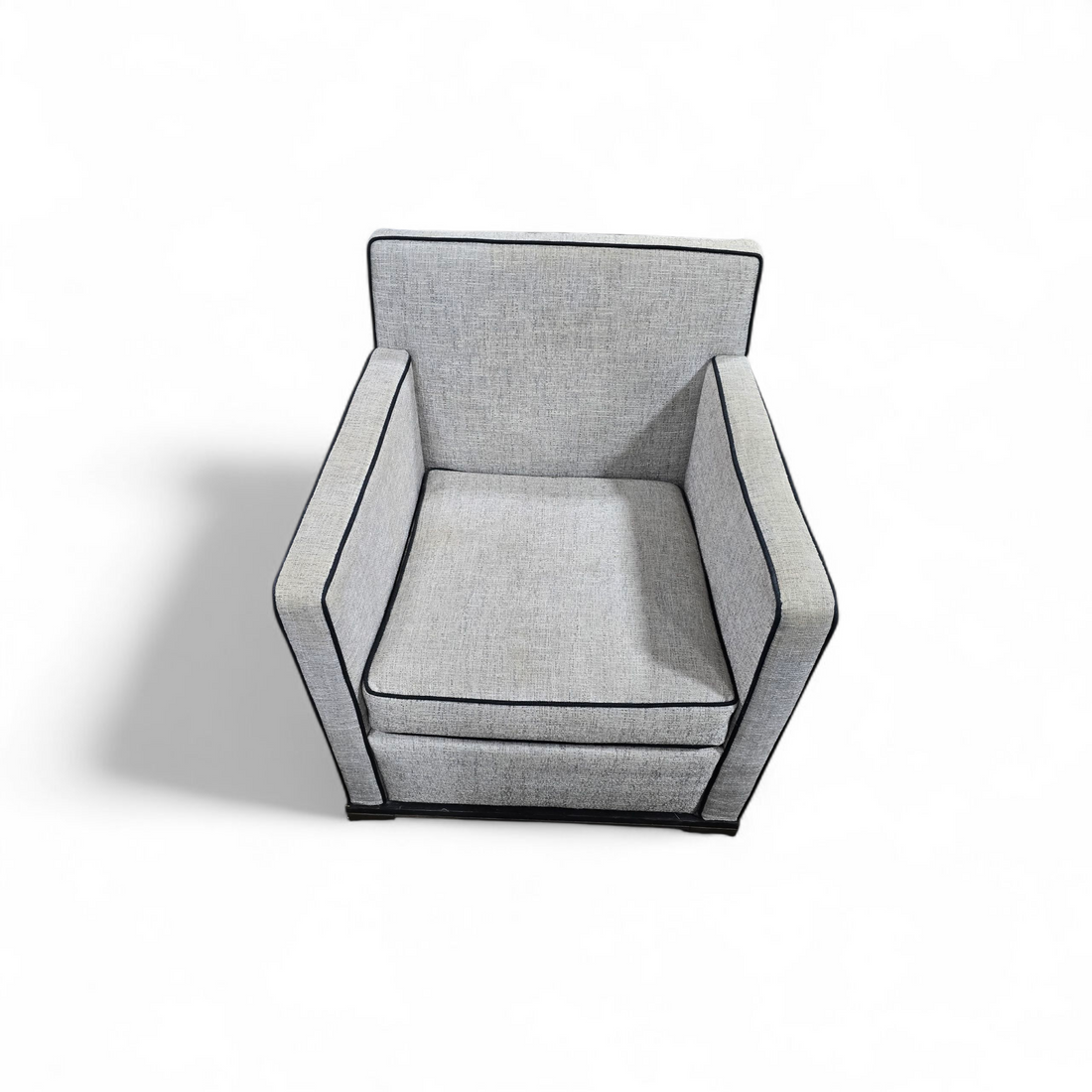 “Modern gray arm chair with black trim – used in good condition, perfect for living or office space”